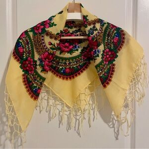Polish Folk Traditional Vibrant Floral Yellow Scarf with Fringe